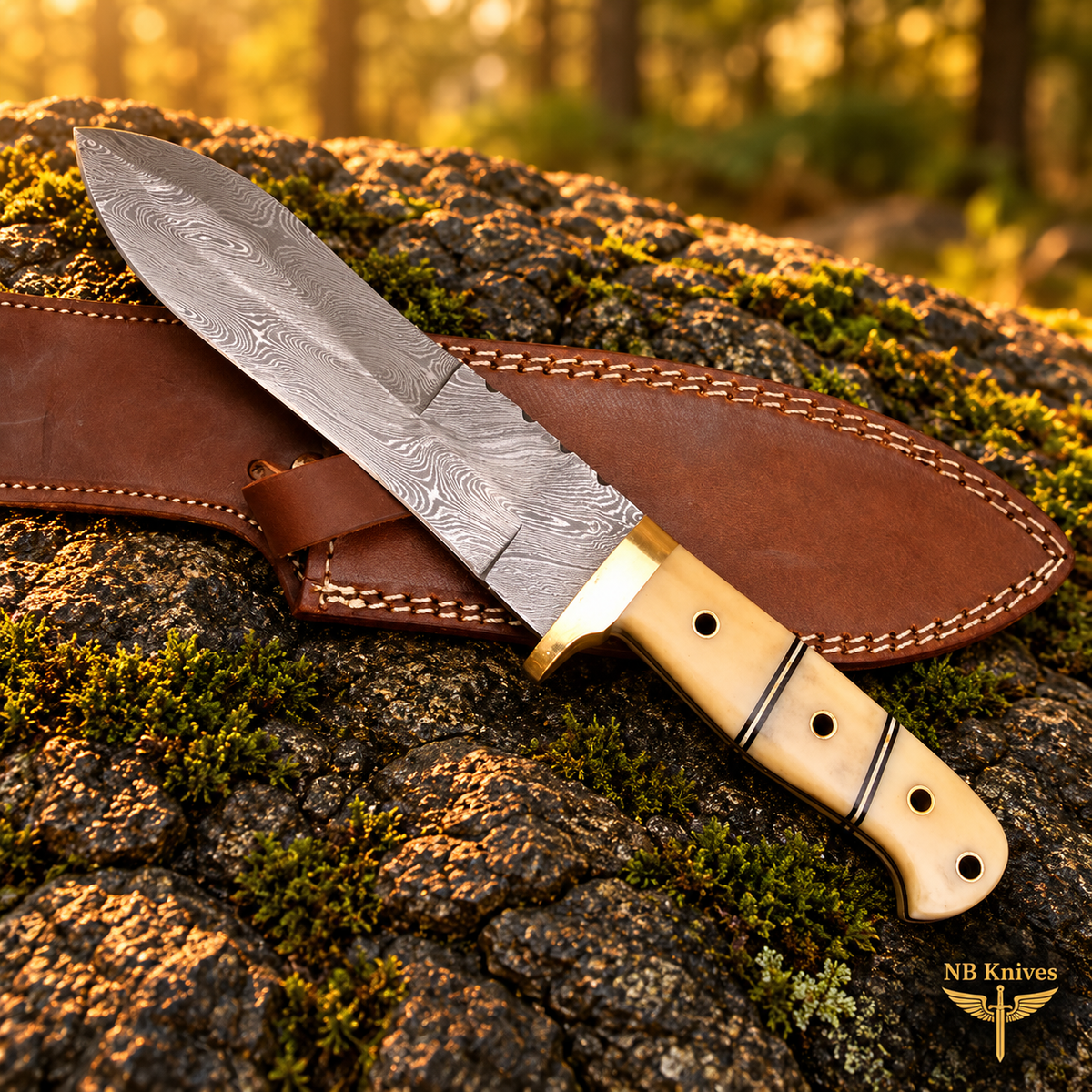 Handcrafted Damascus Hunting Knife with Cow Bone Handle & Brass Guard
