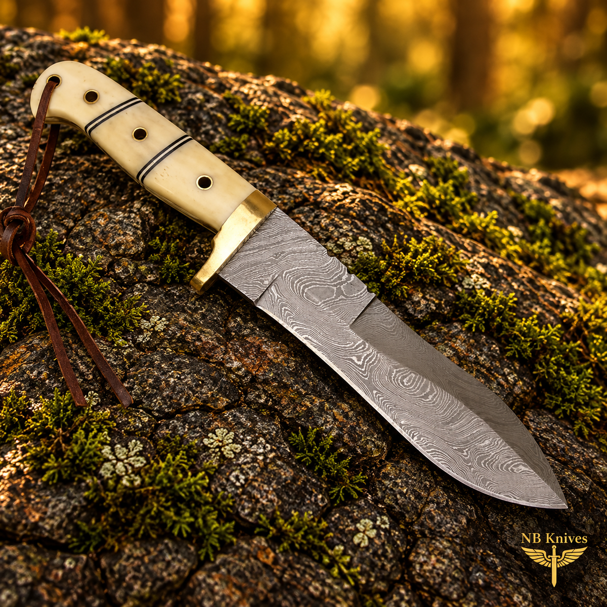 Handcrafted Damascus Hunting Knife with Cow Bone Handle & Brass Guard