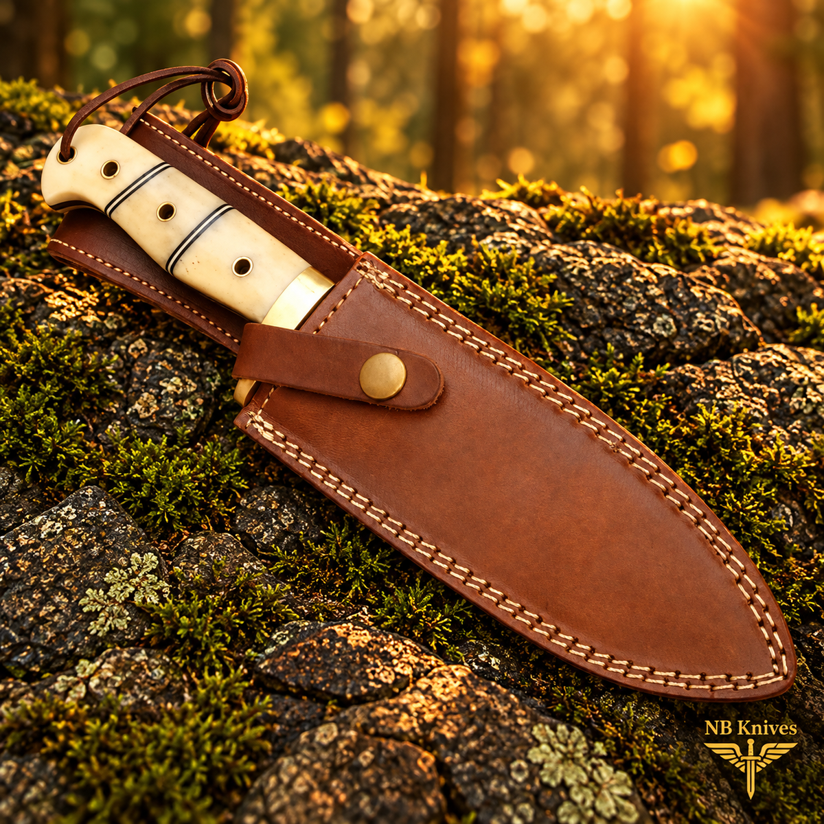 Handcrafted Damascus Hunting Knife with Cow Bone Handle & Brass Guard