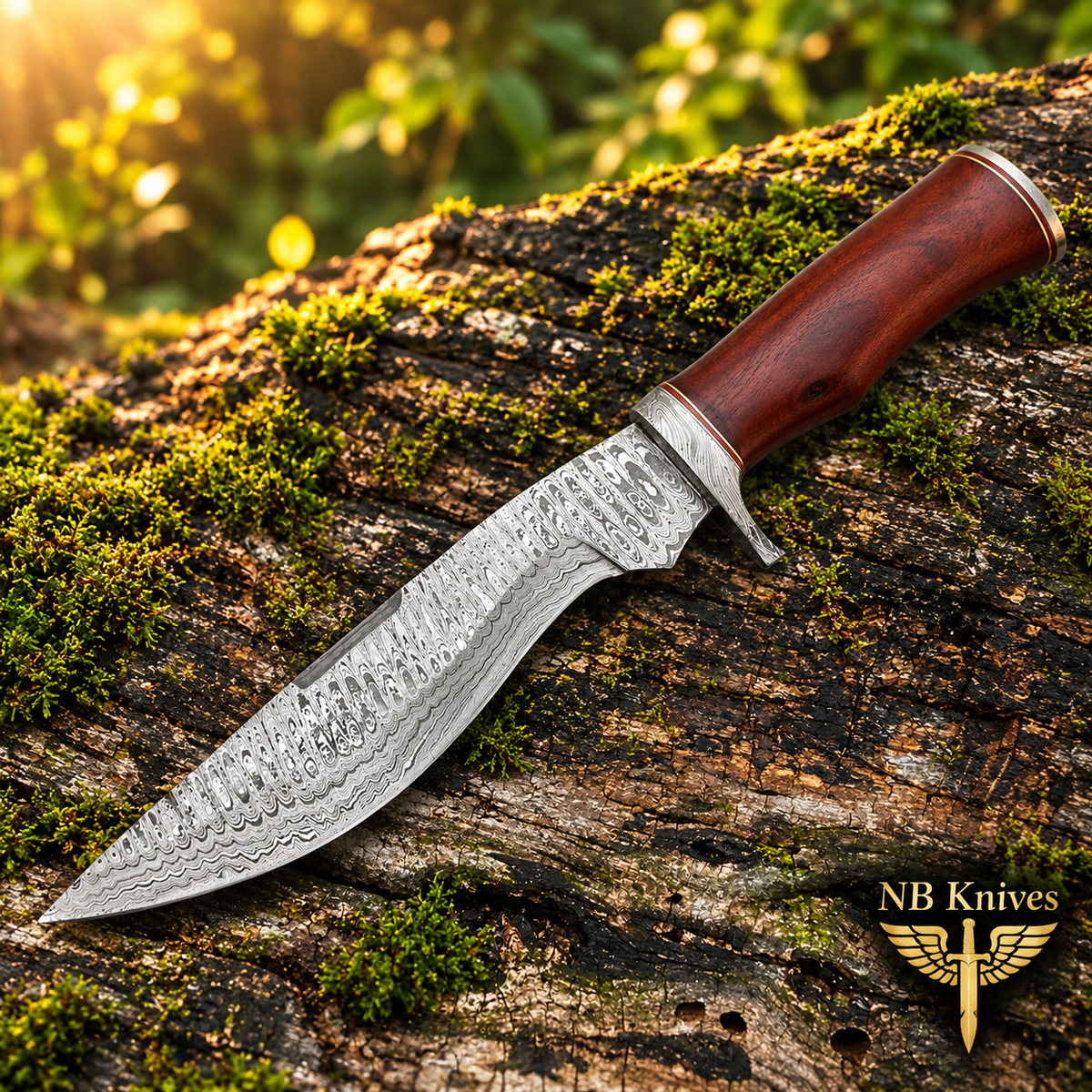 A knife with a patterned Damascus steel blade and a reddish-brown wooden handle, resting diagonally on a mossy log outdoors. The 'NB Knives' logo is visible in the bottom right corner.