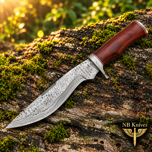A knife with a patterned Damascus steel blade and a reddish-brown wooden handle, resting diagonally on a mossy log outdoors. The 'NB Knives' logo is visible in the bottom right corner.