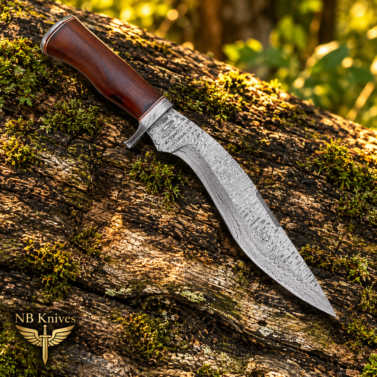 A knife with a patterned Damascus steel blade and a reddish-brown wooden handle, resting diagonally on a mossy log outdoors. The NB Knives logo is visible in the bottom-left corner.