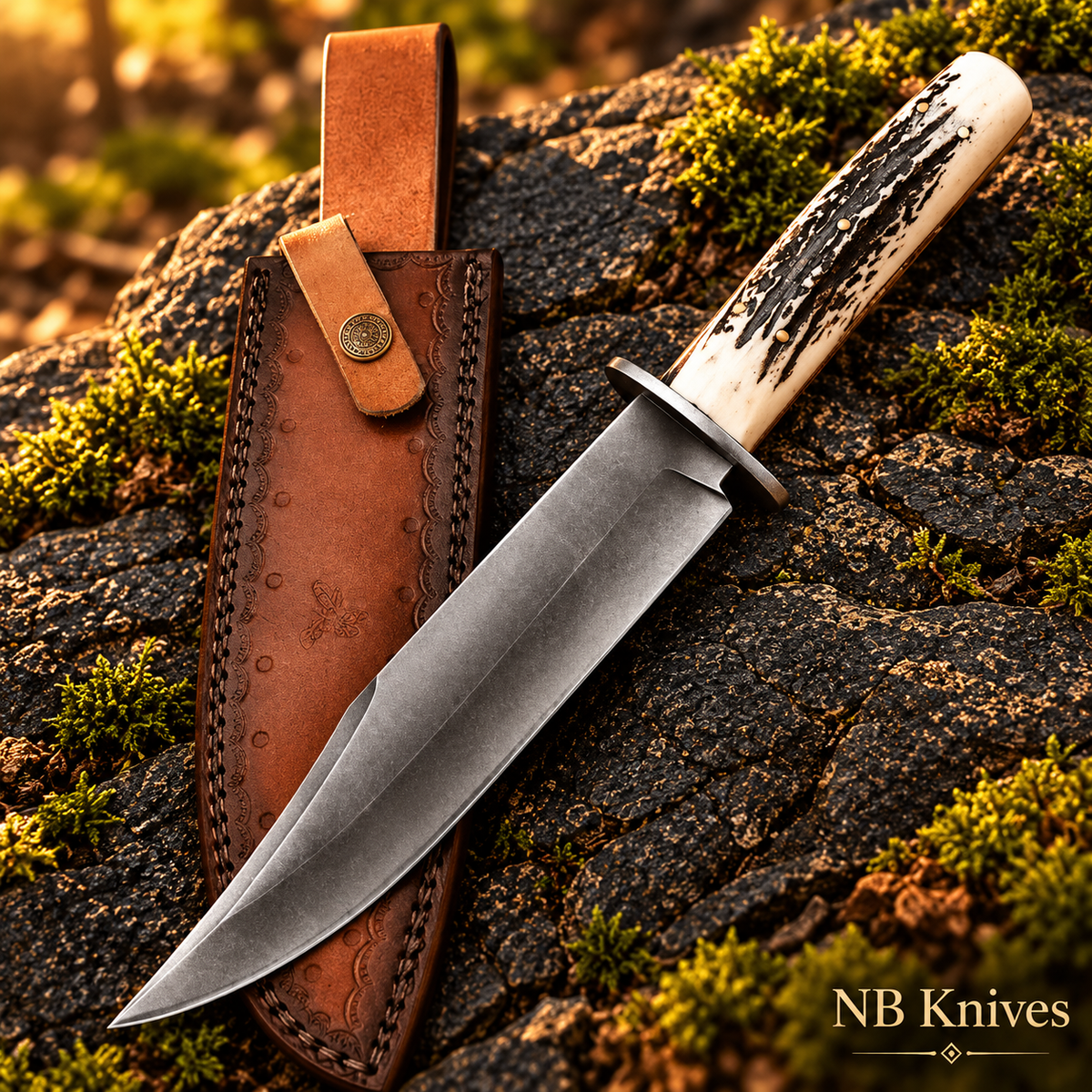 Handmade 1095 Steel Bowie Knife with Stag Horn Handle & Leather Sheath