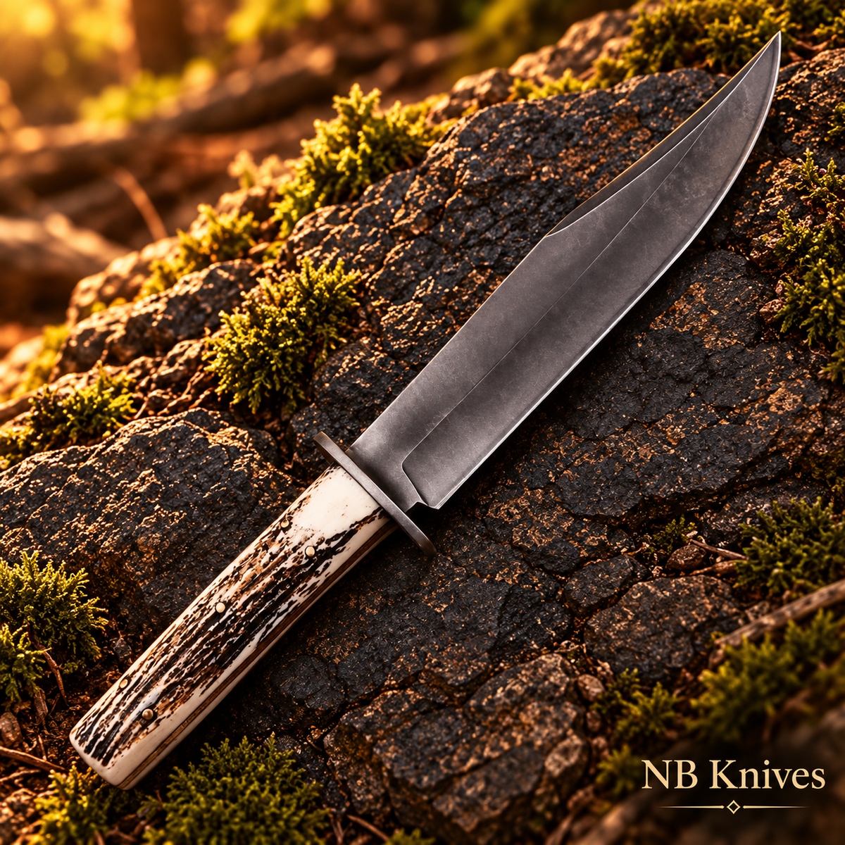 Handmade 1095 Steel Bowie Knife with Stag Horn Handle & Leather Sheath