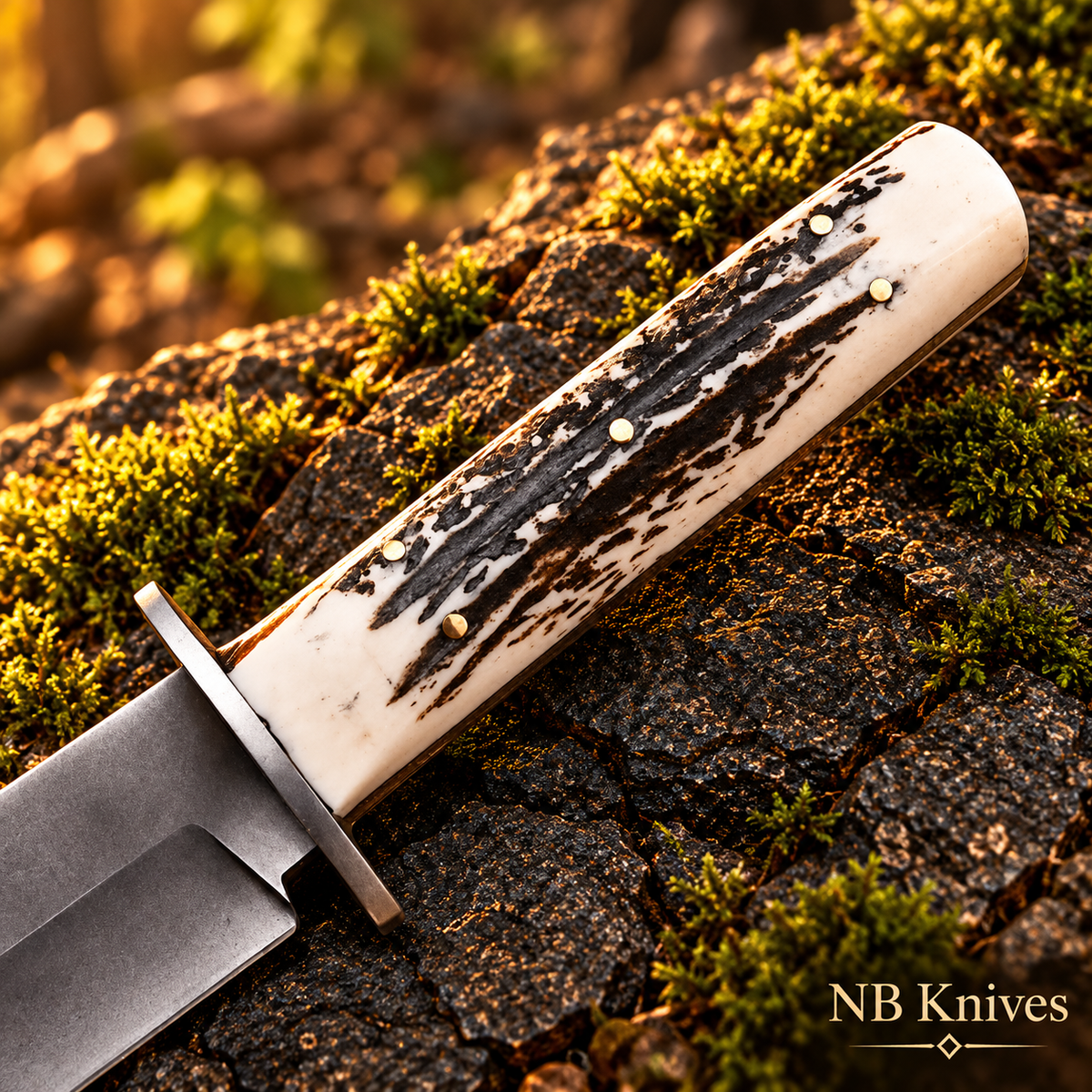Handmade 1095 Steel Bowie Knife with Stag Horn Handle & Leather Sheath