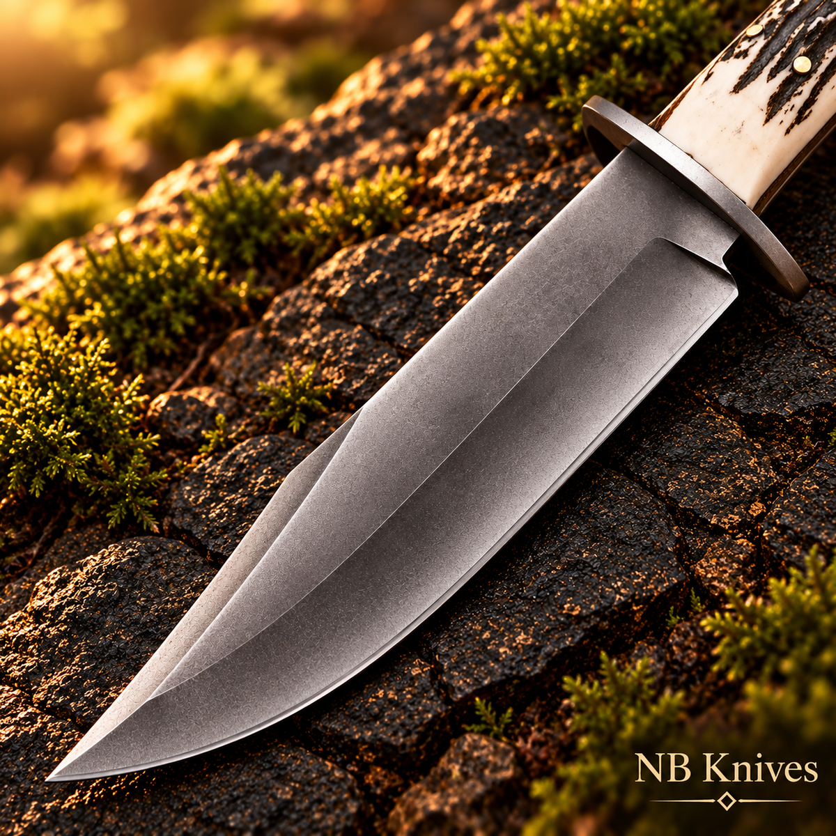 Handmade 1095 Steel Bowie Knife with Stag Horn Handle & Leather Sheath