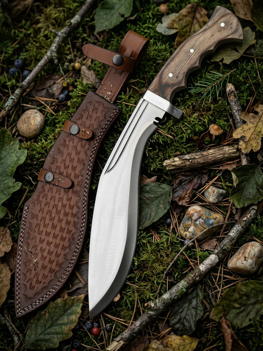 Handmade D2 Steel Kukri Knife with Pakka Wood Handle & Leather Sheath