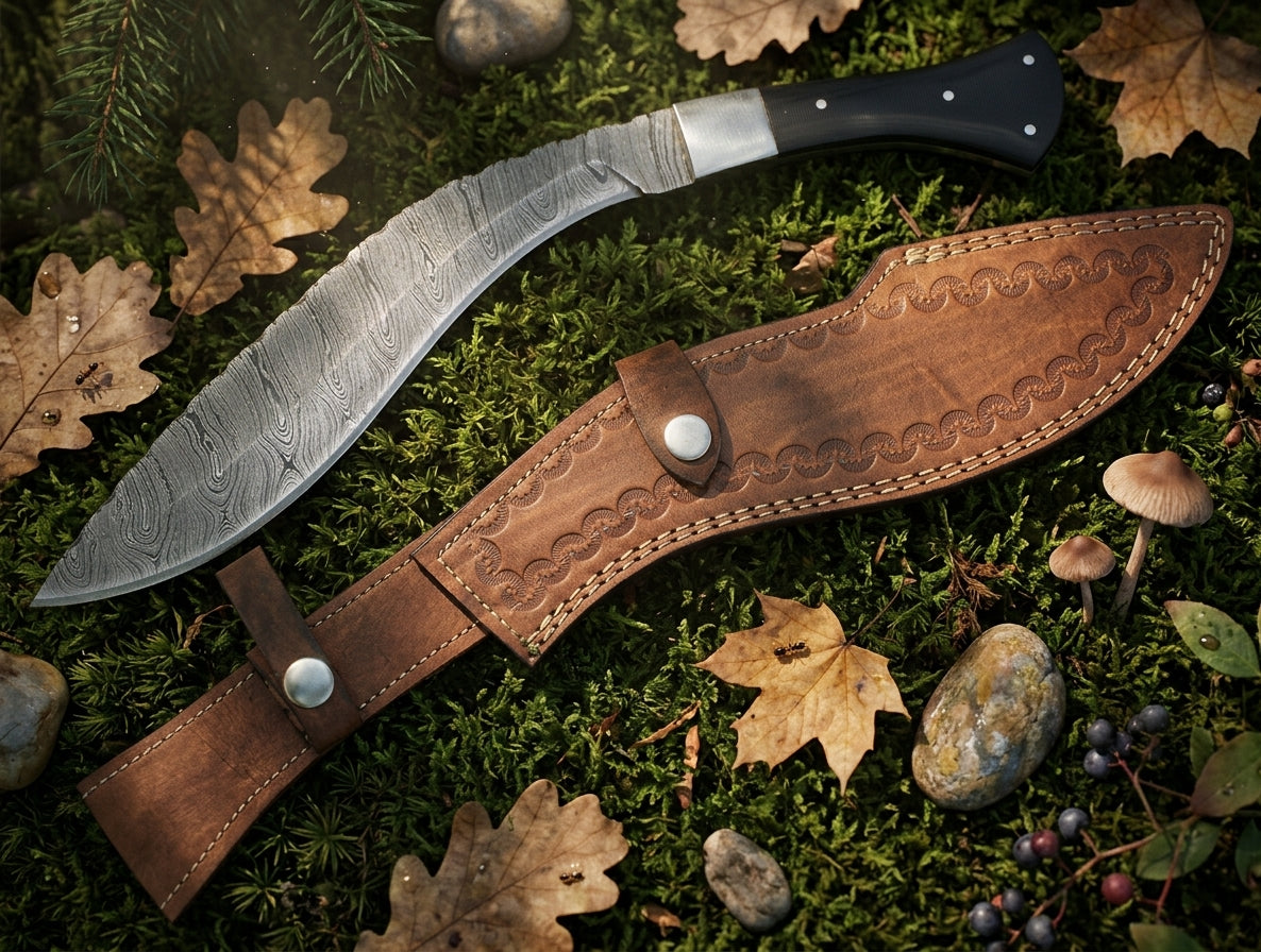 Handmade Damascus Steel Kukri Knife with Micarta Handle and Leather Sheath