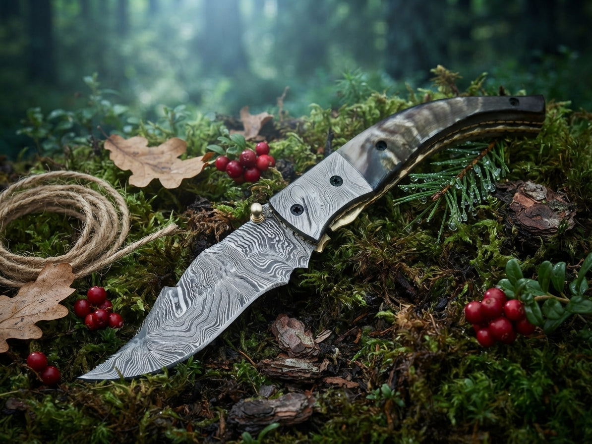 Handmade Damascus folding knife featuring natural ram horn scales