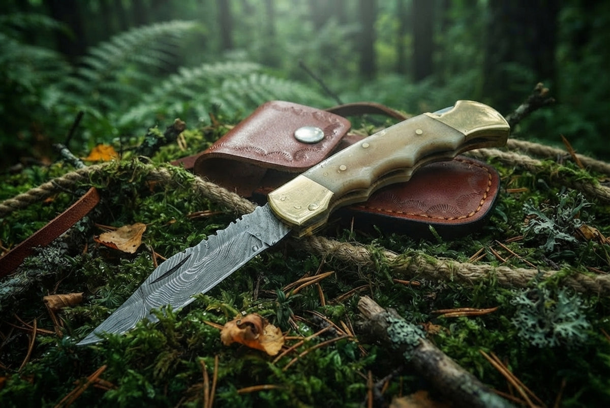Handmade Damascus folding knife with Camel Bone handle