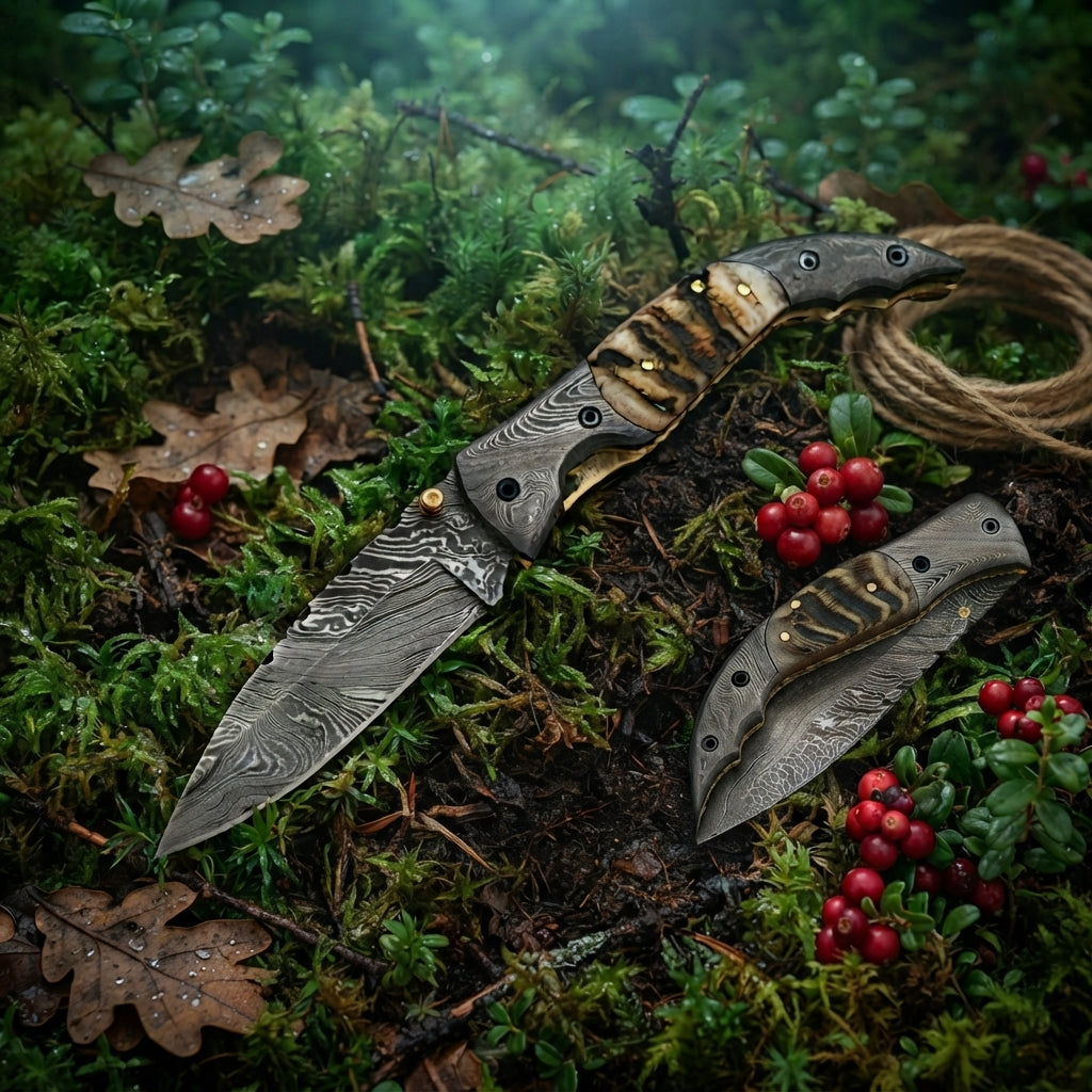 Handmade Damascus folding knife with Ram Horn handle