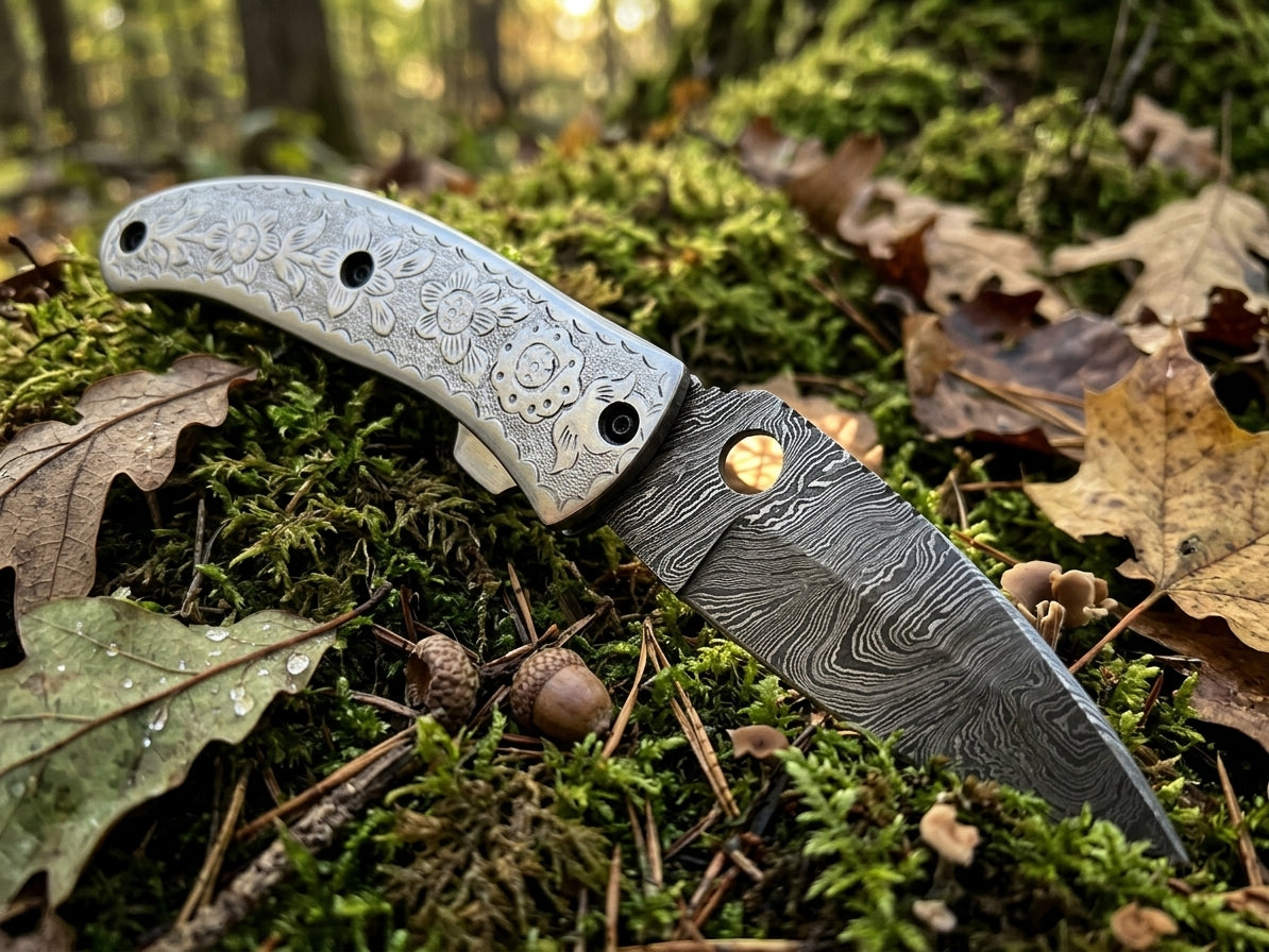 Handmade Damascus folding pocket knife with engraved stainless steel handle
