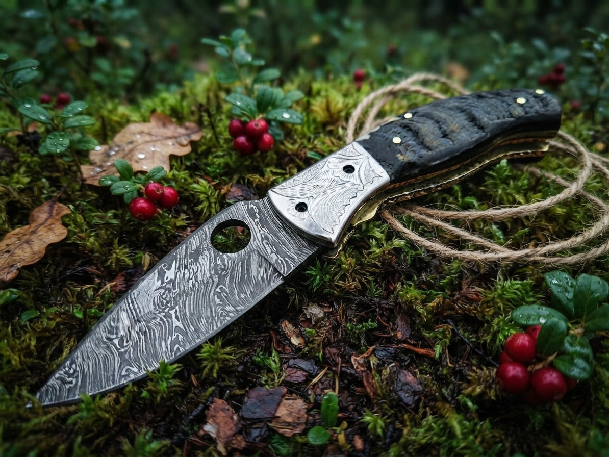 Handmade Damascus steel pocket knife with ram horn handle and leather sheath