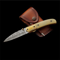 Custom Handmade Damascus Steel Pocket Knife Handle Cow Bone Brass Bolster With Leather Sheath Compact Folding knife