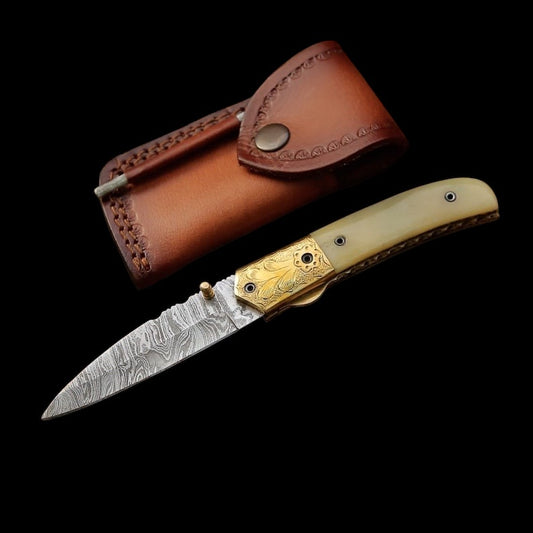 Damascus Steel Folding Pocket Knife with Cow Bone Handle & Brass Bolste