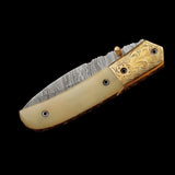 Custom Handmade Damascus Steel Pocket Knife Handle Cow Bone Brass Bolster With Leather Sheath Compact Folding knife