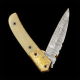 Custom Handmade Damascus Steel Pocket Knife Handle Cow Bone Brass Bolster With Leather Sheath Compact Folding knife