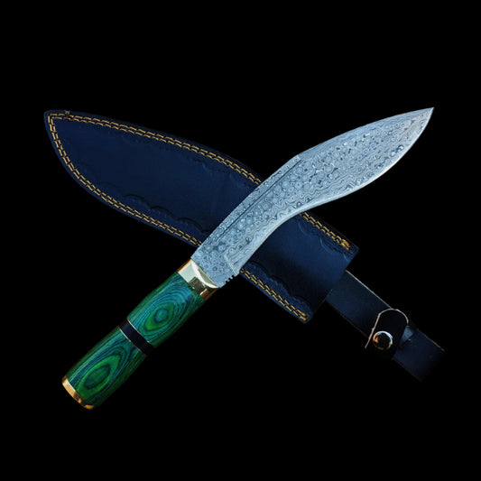 |NB KNIVES| Custom Handmade Damascus Steel Kukri Knife Handle Brass/Hardwood With Leather Sheath