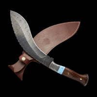 Knife with a wooden handle and leather sheath on a dark background