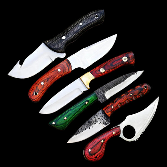 Custom Handmade D2 Steel Skinner Knives Set of 6 with Hardwood Handles & Leather Sheaths
