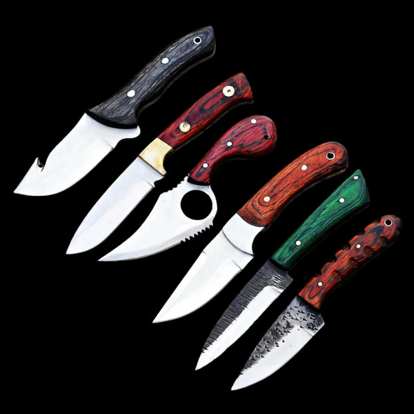 Custom Handmade D2 Steel Lot Of 6 Skinner Knives Handle HardWood With Leather Sheaths