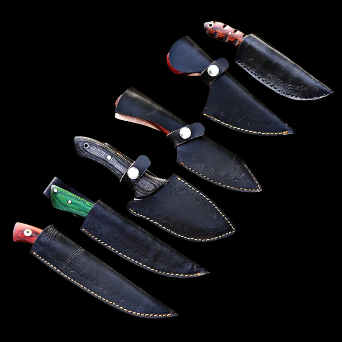 Custom Handmade D2 Steel Lot Of 6 Skinner Knives Handle HardWood With Leather Sheaths