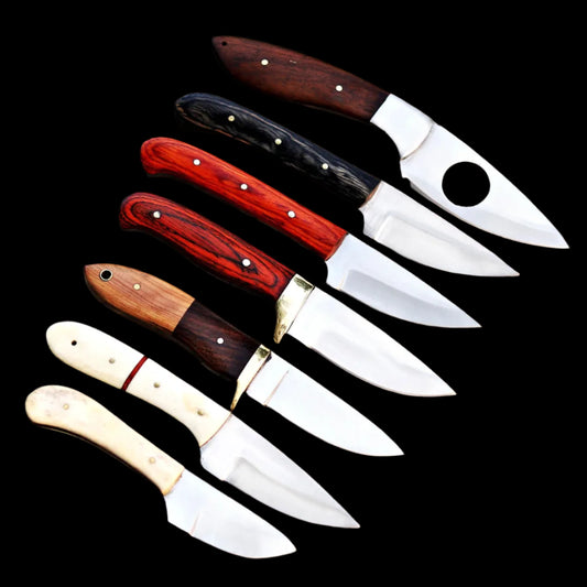 Custom Handmade Set of 7 D2 Steel Skinner Knives with Leather Sheaths