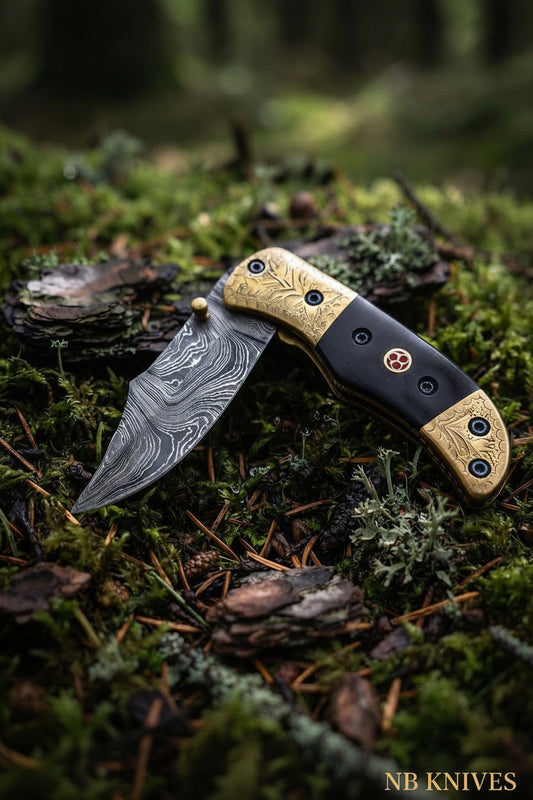 Pakka wood handle Damascus folding pocket knife with engraved brass and leather sheath