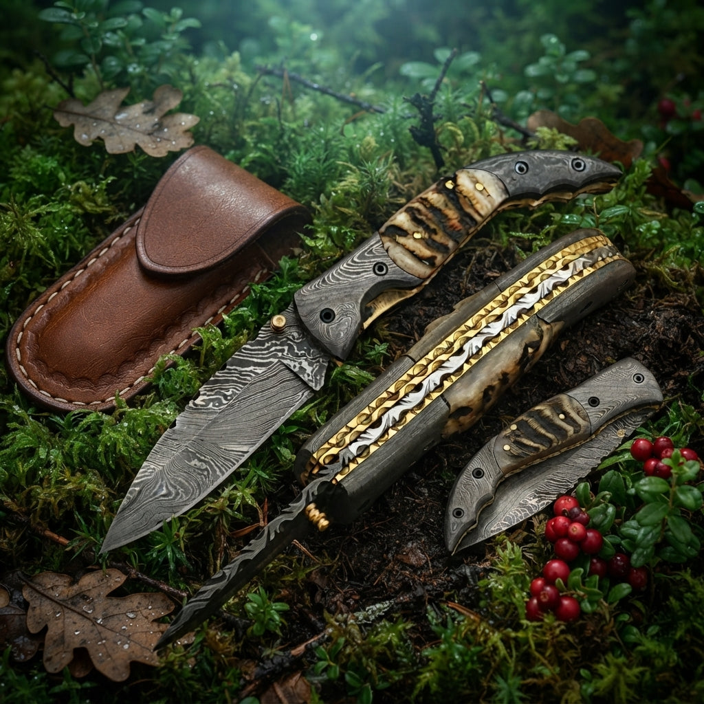 Ram Horn handle Damascus pocket knife with leather sheath