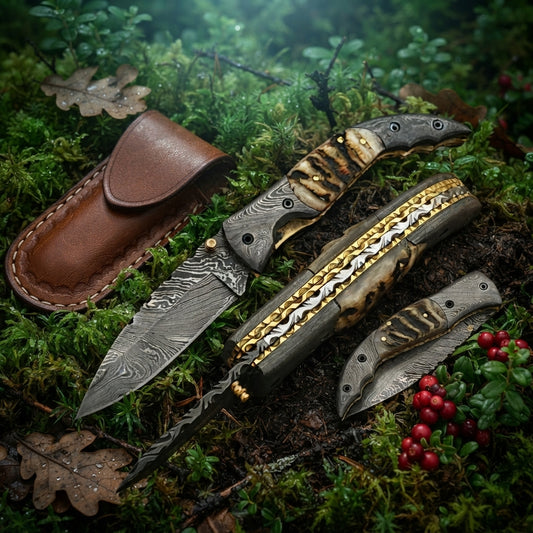 Ram Horn handle Damascus pocket knife with leather sheath