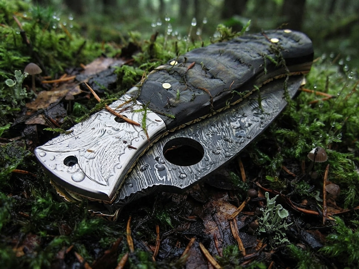 Ram horn handle Damascus steel folding knife with leather sheath