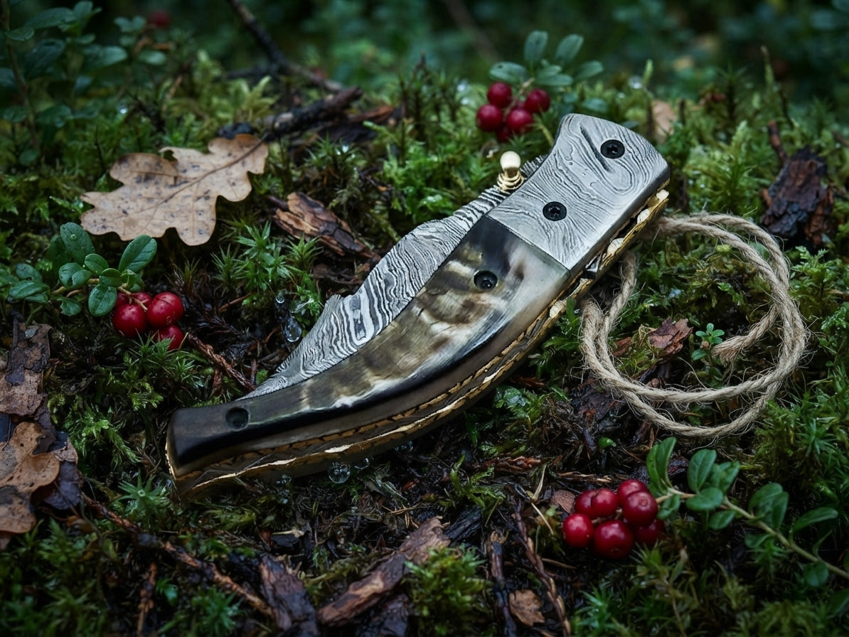Ram horn scale folding knife with handmade Damascus blade
