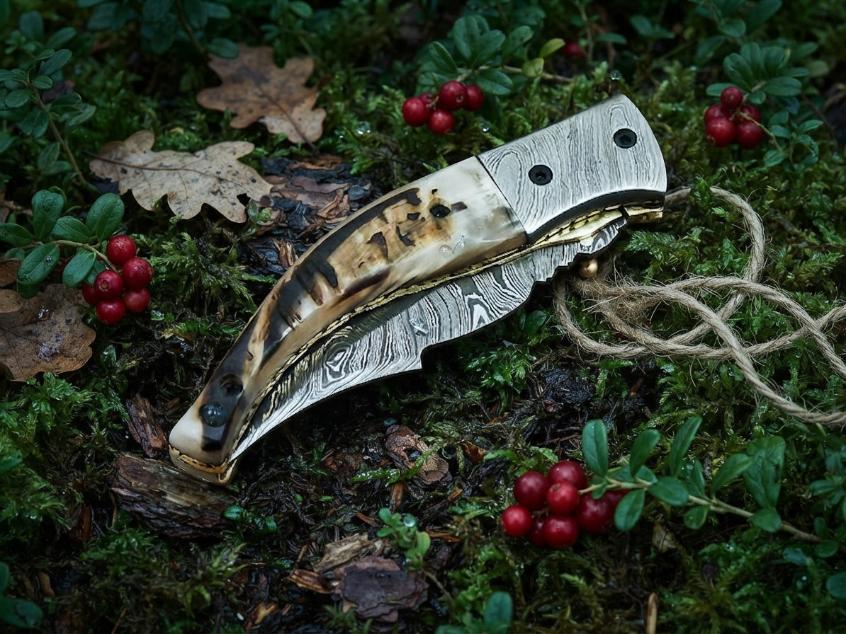 Ram horn scale folding knife with handmade Damascus blade