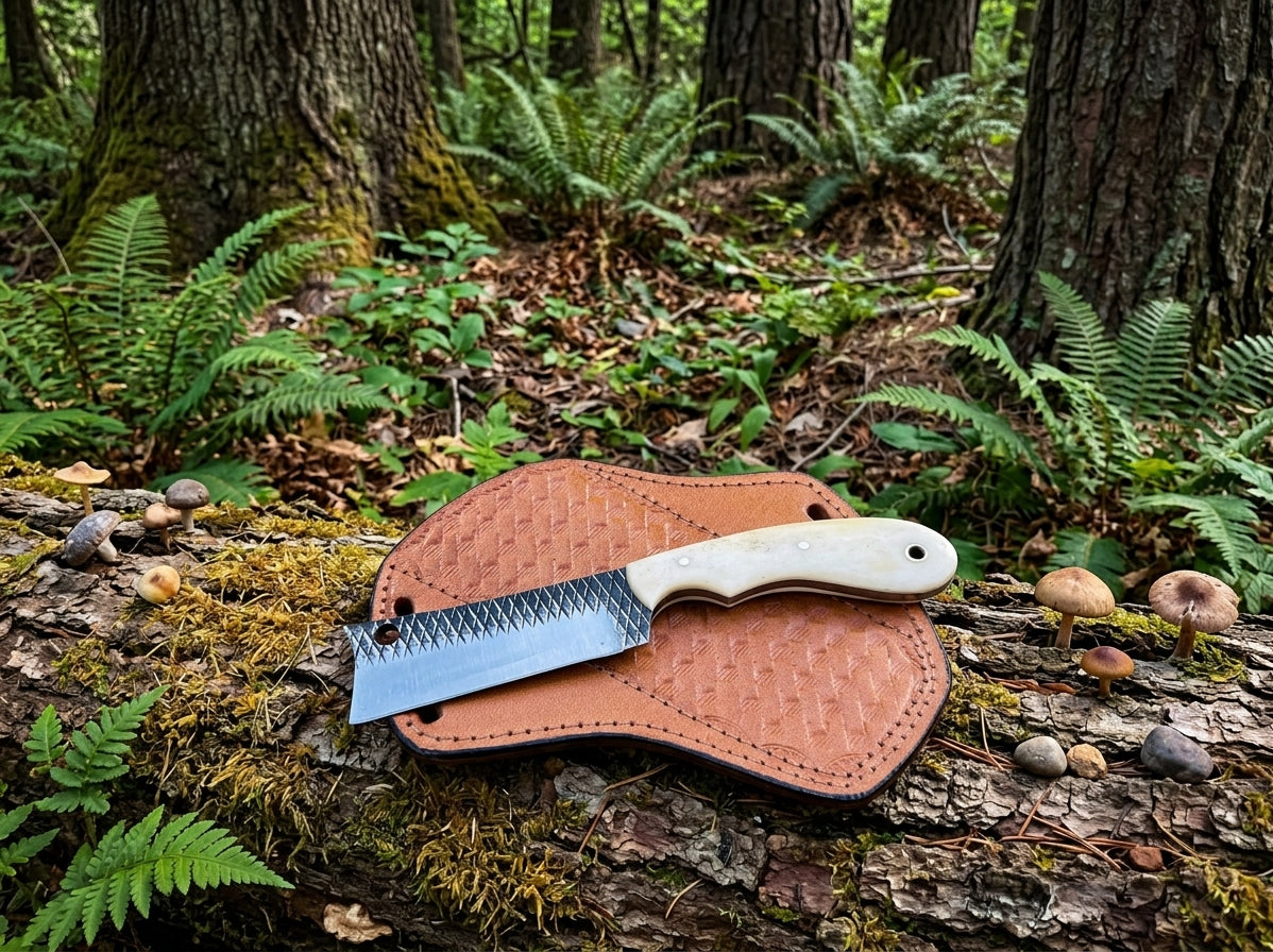 A fixed-blade knife with a patterned steel blade and cream handle rests on a tan woven leather sheath placed on a mossy log in a forest setting with ferns and trees.