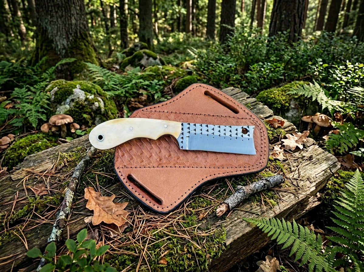 A fixed-blade knife with a cream-colored handle and serrated silver blade rests on a brown leather sheath placed on a mossy log in a forest setting.