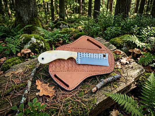 A fixed-blade knife with a cream-colored handle and serrated silver blade rests on a brown leather sheath placed on a mossy log in a forest setting.