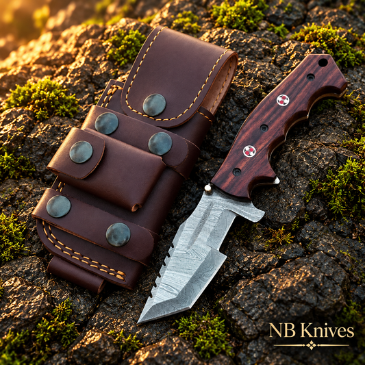Rosewood Damascus Tracker Folding Knife with Dual Mosaic Pins & Leather Sheath