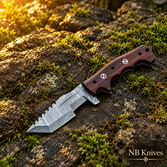 Rosewood Damascus Tracker Folding Knife with Dual Mosaic Pins & Leather Sheath