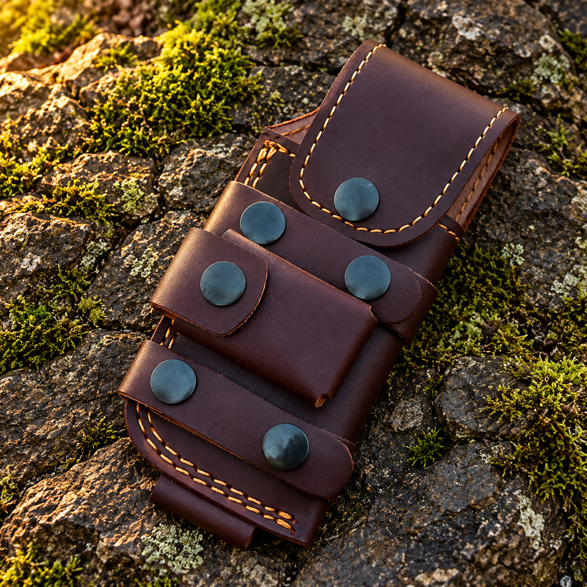 Rosewood Damascus Tracker Folding Knife with Dual Mosaic Pins & Leather Sheath