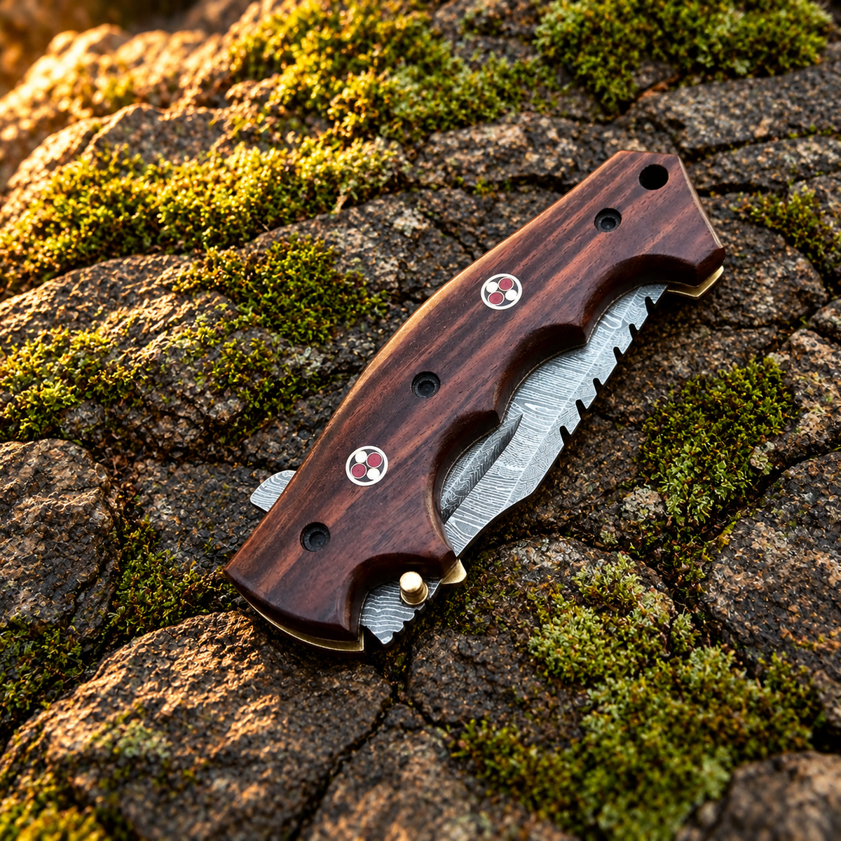 Rosewood Damascus Tracker Folding Knife with Dual Mosaic Pins & Leather Sheath