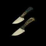 Two knives with wooden handles on a dark surface