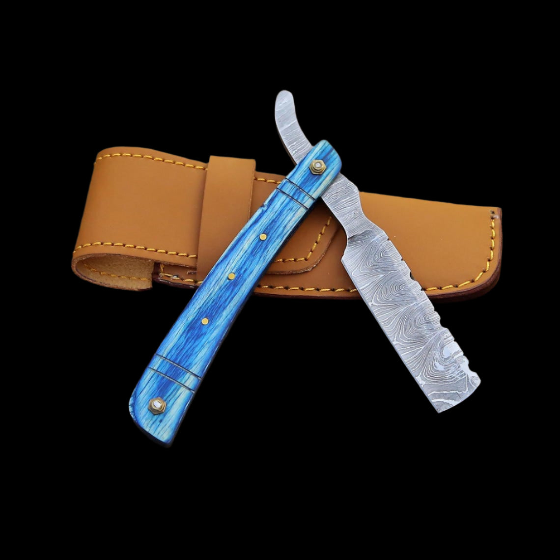 |NB KNIVES| Custom Handmade Lot Of 5 Damascus Steel Straight Razors With Leather Sheaths