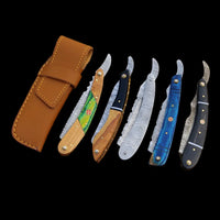 |NB KNIVES| Custom Handmade Lot Of 5 Damascus Steel Straight Razors With Leather Sheaths