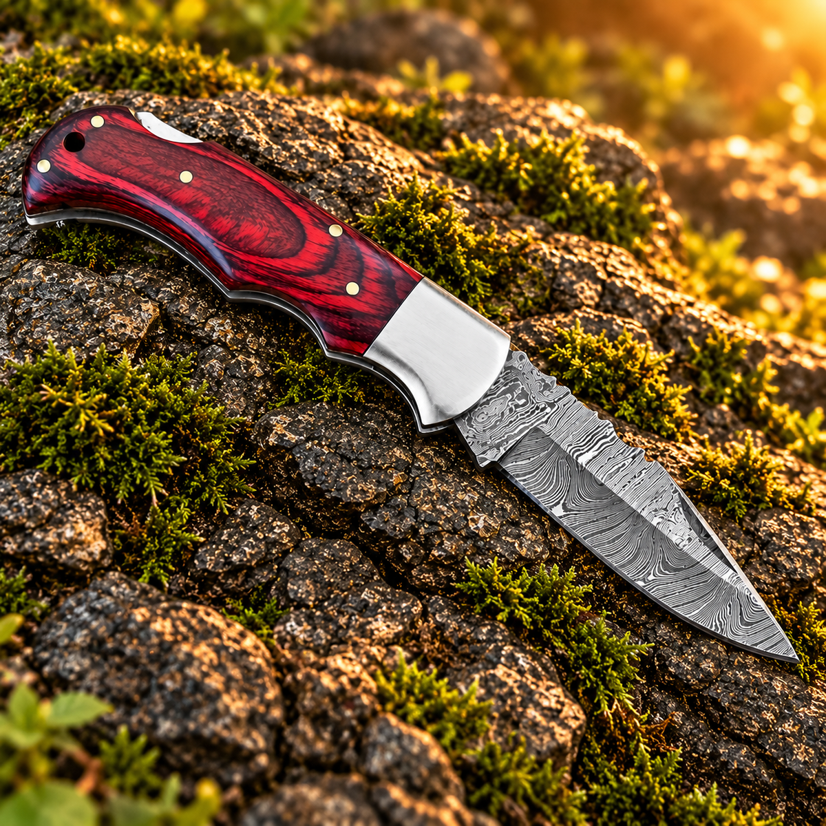 Twist Damascus Folding Knife with Red Stained Wood Handle