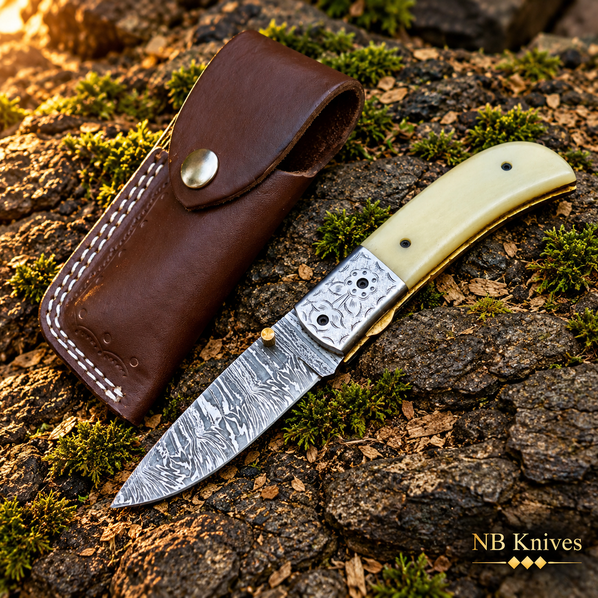 Twist Damascus Folding Knife with Bone Handle & Leather Sheath