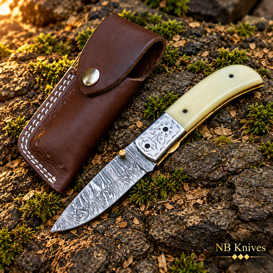 Twist Damascus Folding Knife with Bone Handle & Leather Sheath
