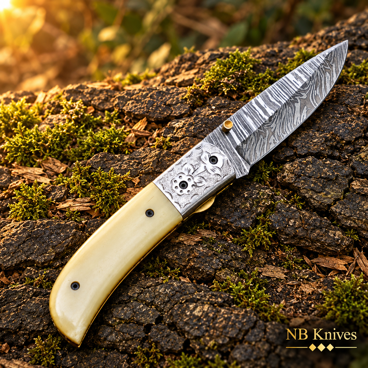 Twist Damascus Folding Knife with Bone Handle & Leather Sheath
