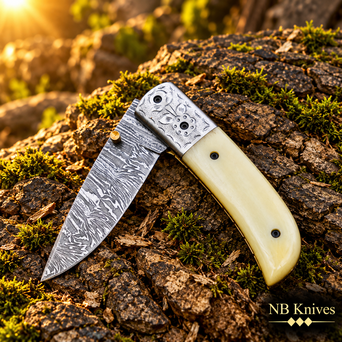 Twist Damascus Folding Knife with Bone Handle & Leather Sheath
