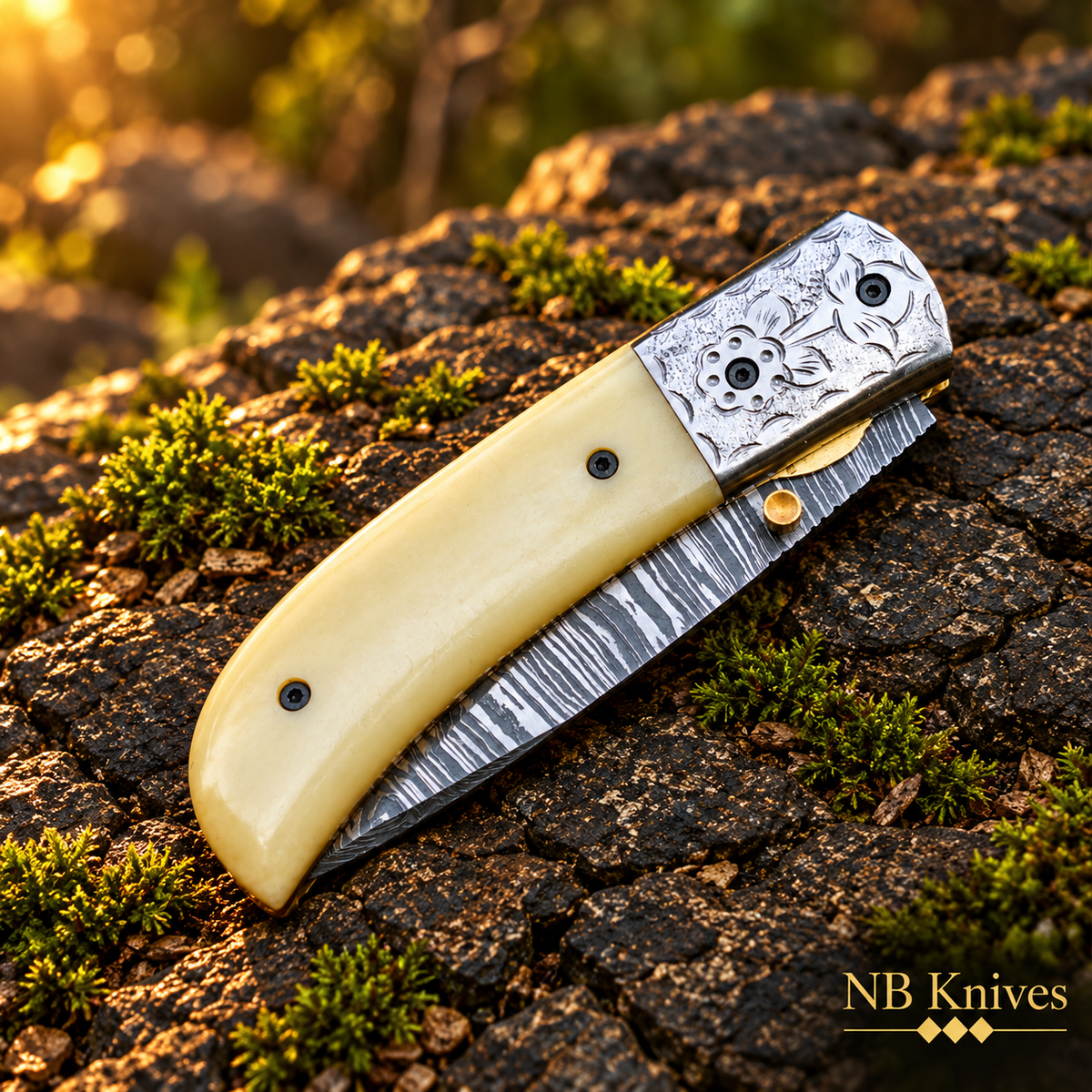 Twist Damascus Folding Knife with Bone Handle & Leather Sheath