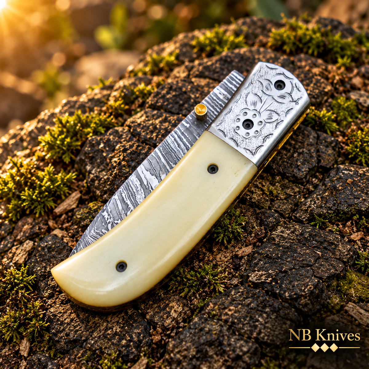 Twist Damascus Folding Knife with Bone Handle & Leather Sheath